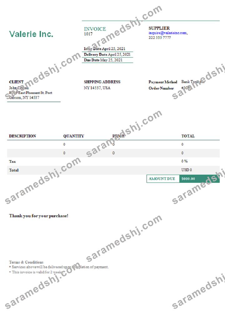 USA Valerie Inc. invoice